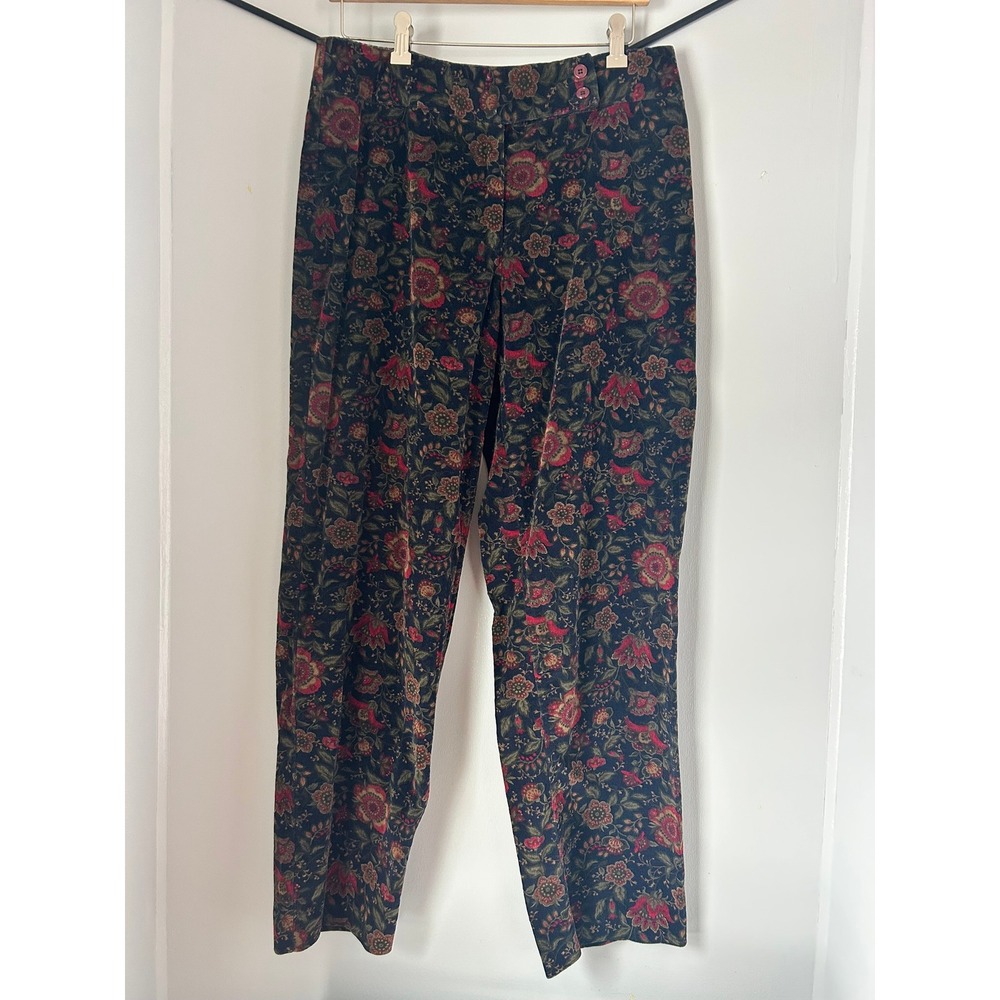 Talbots Vintage Floral Corduroy Pants Womens 12 Navy Red Tapestry Straight Leg